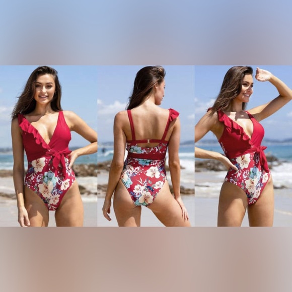 Cupshe Plus One Piece Swimsuit Red Floral Ruffle Tie 1X Feminine Tropical Beach - Picture 1 of 10